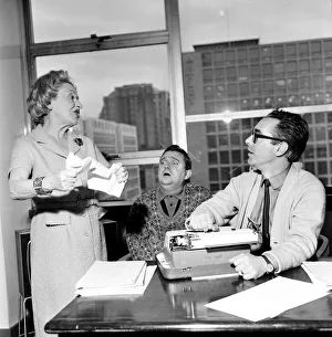 01169 Prints: Coronation Street scriptwriters Harry Driver and Vince Powell with Doris Speed who