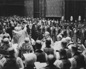 Throne Prints: Cosmo Gordon Lang the Archbishop of Canterbury seen here placing the crown upon the head