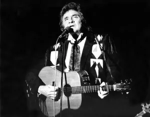 Country and Western singer Johnny Cash performing at Bents Park, South Shields in 1987