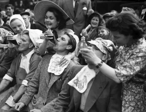 Quirky Prints: Covent Garden Flower Show 12th June 1951 Drinking competition at the Covent Garden