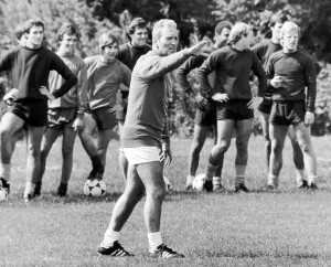 Grass Prints: Coventry City manager Dave Sexton takes training with players. 19th May 1981