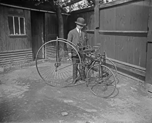 Bowler Hat Prints: Coventry cycle collector Mr T M Freeman seen here admiring his new purchase a Singer