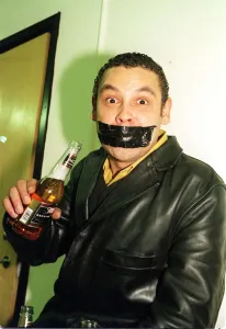 Craig Charles comedian February 1999 at Heriot Watt University Edinburgh with black tape