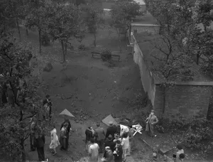 01472 Prints: Crater next to a public surface air raid shelter in St Phillips Churchyard