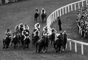 Crepello and Lester Piggott at Tattenham Corner and the eventual winner of the Derby 1957