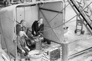 Trawler Prints: Crewmen of the Trawler Marbi Larde seen here operating a winch to unloading their catch