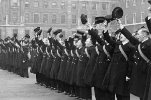 The crews of HMS Ajax and Exeter on Horse Guards Parade give three cheers for the king