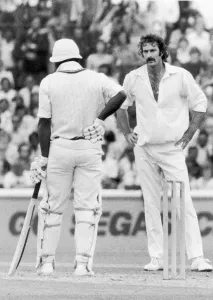 00279 Prints: Cricket World Cup 1975. Australias Dennis Lilley stares at West Indies opener