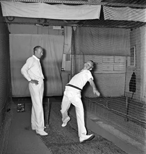 Bowling Prints: Cricketer / Cricket: South African fast Bowler Geoff Griffin gets advice from Alf Grover