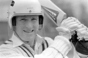 Protection Prints: Cricketer Dennis Amiss wearing his specially designed skull dome for protection. May 1978