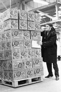 Warehouse Prints: Crisps for Life! A warehouse worker at the Golden Wonder warehouse in Bothwell seen here