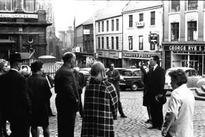 A crowd of people listen to a public speaker in Newcastles Bigg Market 13 July 1970