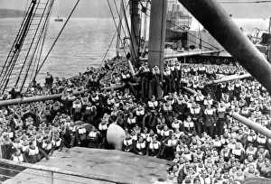 Drill Prints: Crowded decks following a drill on board a British troopship carrying soldiers of