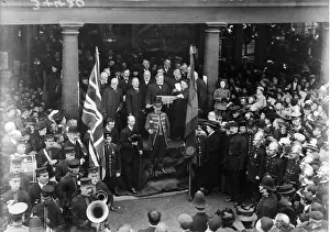 Flags Prints: Crowds massed on the steps of Uxbridge Town Hall to hear the proclamation that King