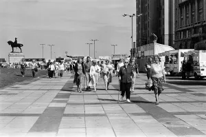 01311 Prints: Crowds of people line the dock road set for a day out at Liverpool Albert Dock to see