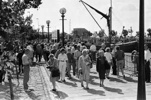 Crowds of people line the dock road set for a day out at Liverpool Albert Dock to see