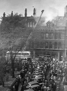 Firefighter Prints: Crowds of spectators watch the fire at W E Harkers Furniture shop in Grainger Street