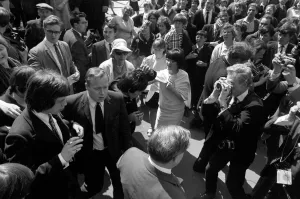 Crowds throng around Mick Jagger and Keith Richards on 10 May 1967 outside Chichester