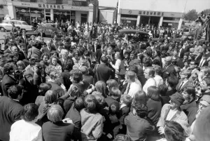00292 Prints: Crowds wait throng around Mick Jagger and Keith Richards on 10 May 1967 outside