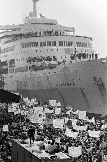 The cruise ship Canberra arrives back at her berth in Southampton Docks