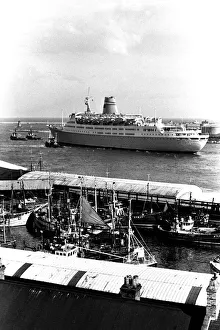 The cruise ship Vistafjord leaving the Tyne in April 1973 after her sea trials