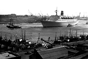 The cruise ship Vistafjord leaving the Tyne in April 1973 after her sea trials