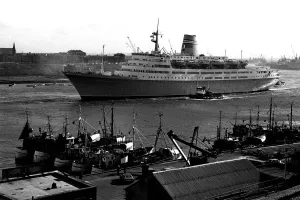 The cruise ship Vistafjord leaving the Tyne in April 1973 after her sea trials