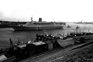 The cruise ship Vistafjord leaving the Tyne in April 1973 after her sea trials