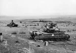 North Africa Prints: Crusader tanks get ready for action in Tunisia during the North African campaign of World