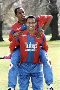 Partnership Prints: Crystal Palace players Mark Bright and Ian Wright pictured at the launch of Palace