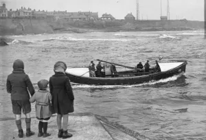 Accidents Prints: Cullercoats lifeboat Westmorland launched for a practice run