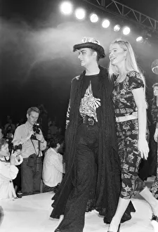 Hairstyle Prints: Culture Club singer Boy George modelling clothes on the catwalk at the Bodymap Fashion