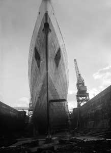 The Cunard Liner Queen Elizabeth in dry dock in Southampton for her yearly overhaul