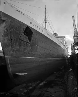 The Cunard Liner Queen Elizabeth in dry dock in Southampton for her yearly overhaul