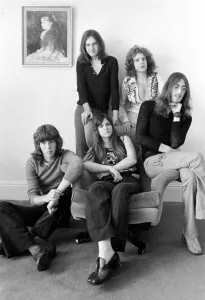 Curved Air pop group, (seated front) Florian Pilkington - Milka, 21 (left)