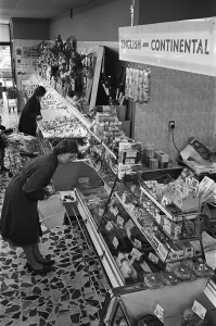 Customers at the English and Continental Cold Meats counter of the Nottingham Co-Op