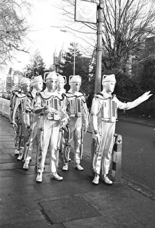 Cybermen take a break from filming at the BBC Ealing studios for Dr Who story call