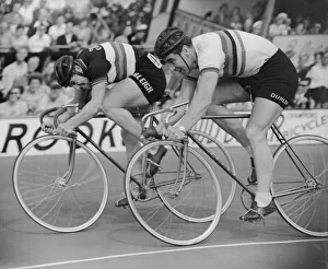 Raleigh Prints: Cyclist Cyril Bardsley (Left) seen here competing at Herne Hill, London, 27th July 1953