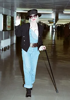 Dungarees Prints: Cyndi Lauper american singer songwriter arrives at London Heathrow Airport (from Milan
