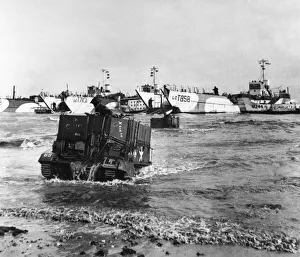 Allies Prints: D Day Normandy. The American forces drive up on to the beach in an amphibian vehicle