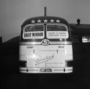 Daily Mirror Bus with signage promoting Great 5 Towns Competition, 5th December 1957