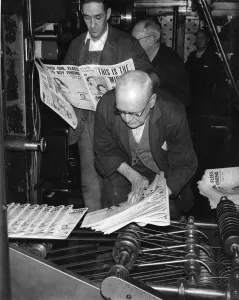 Publishing Prints: Daily Mirror Newspaper May 1956 Printers and publishing floor workers read