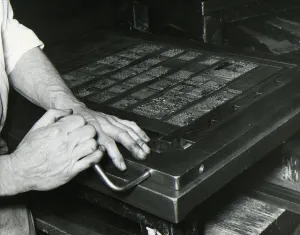 Publishing Prints: Daily Mirror Newspaper May 1956 Type setter locks the page before being sent to