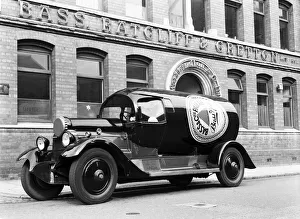 Drink Prints: A Daimler TL30 Bass and Pale Ale bottle shaped lorry seen here outside the Bass Ratcliffe
