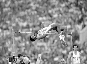 00101 Prints: Daley Thompson clears the bar in the High Jump discipline of the Decathalon at the Moscow