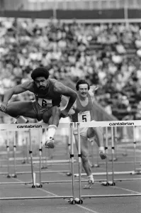 Sporting Prints: Daley Thompson competes in the 110 meter hurdles at Crystal Palace