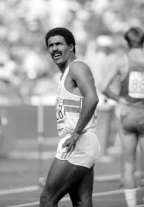00082 Prints: Daley Thompson after competing in the hurdles at the 1984 Olympics in Los Angeles