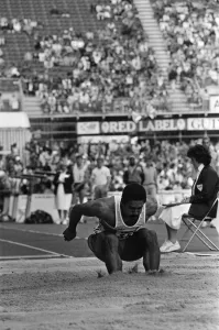 Long Jump Prints: Daley Thompson competing in the long jump during the Commonwealth Games