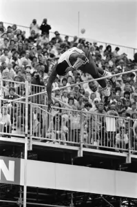 Daley Thompson competing in the pole vault during the Commonwealth Games