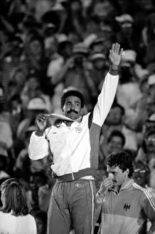 Medals Prints: Daley Thompson on the podium with his gold medal at the 1984 Olympics in Los Angeles